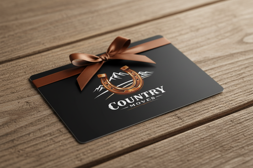 Carte cadeau Country Moves sur fond bois brut avec ruban brun